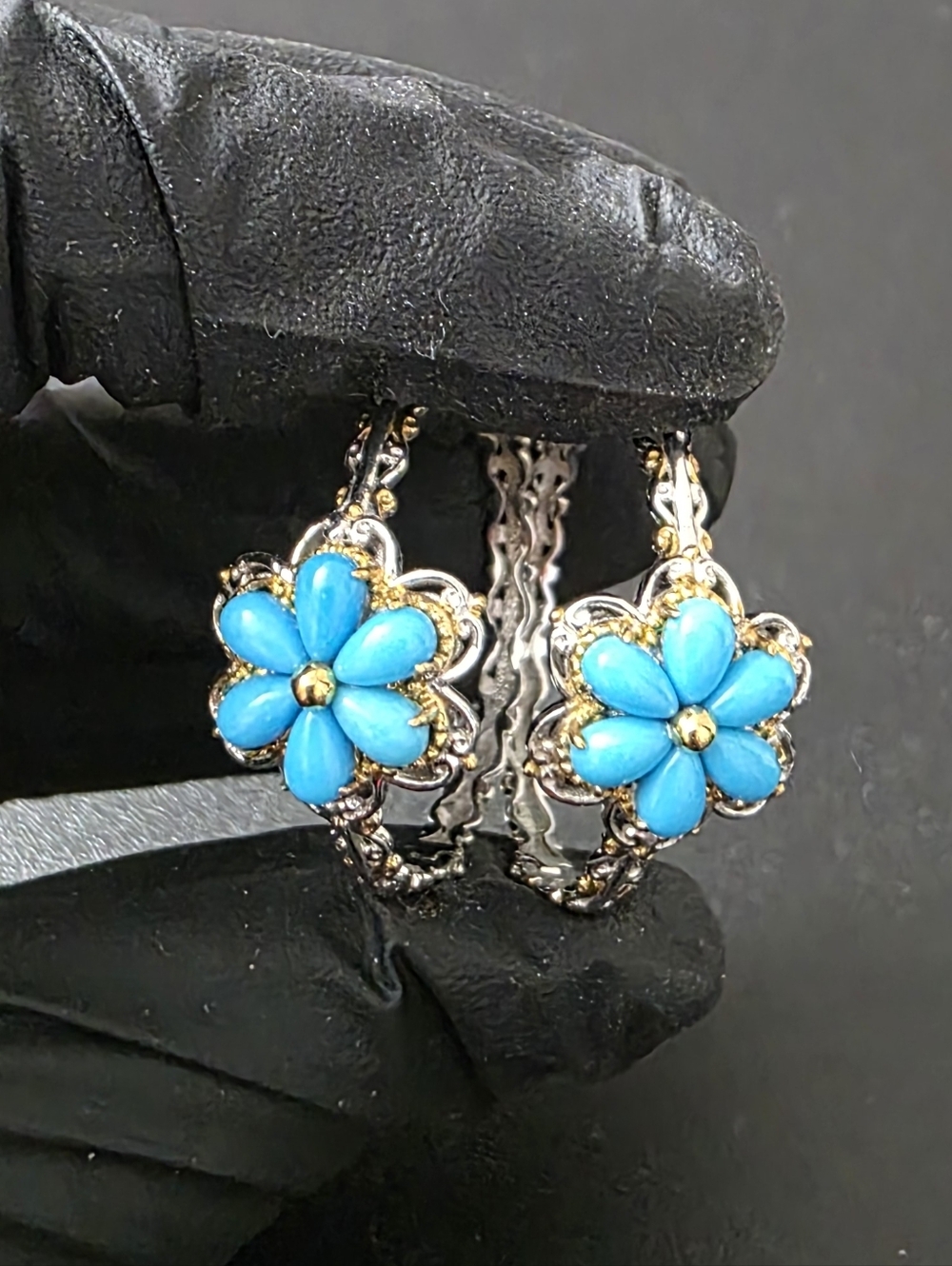 Sterling Silver 925 Turquoise Petal Gold Detailing Hoop Earrings